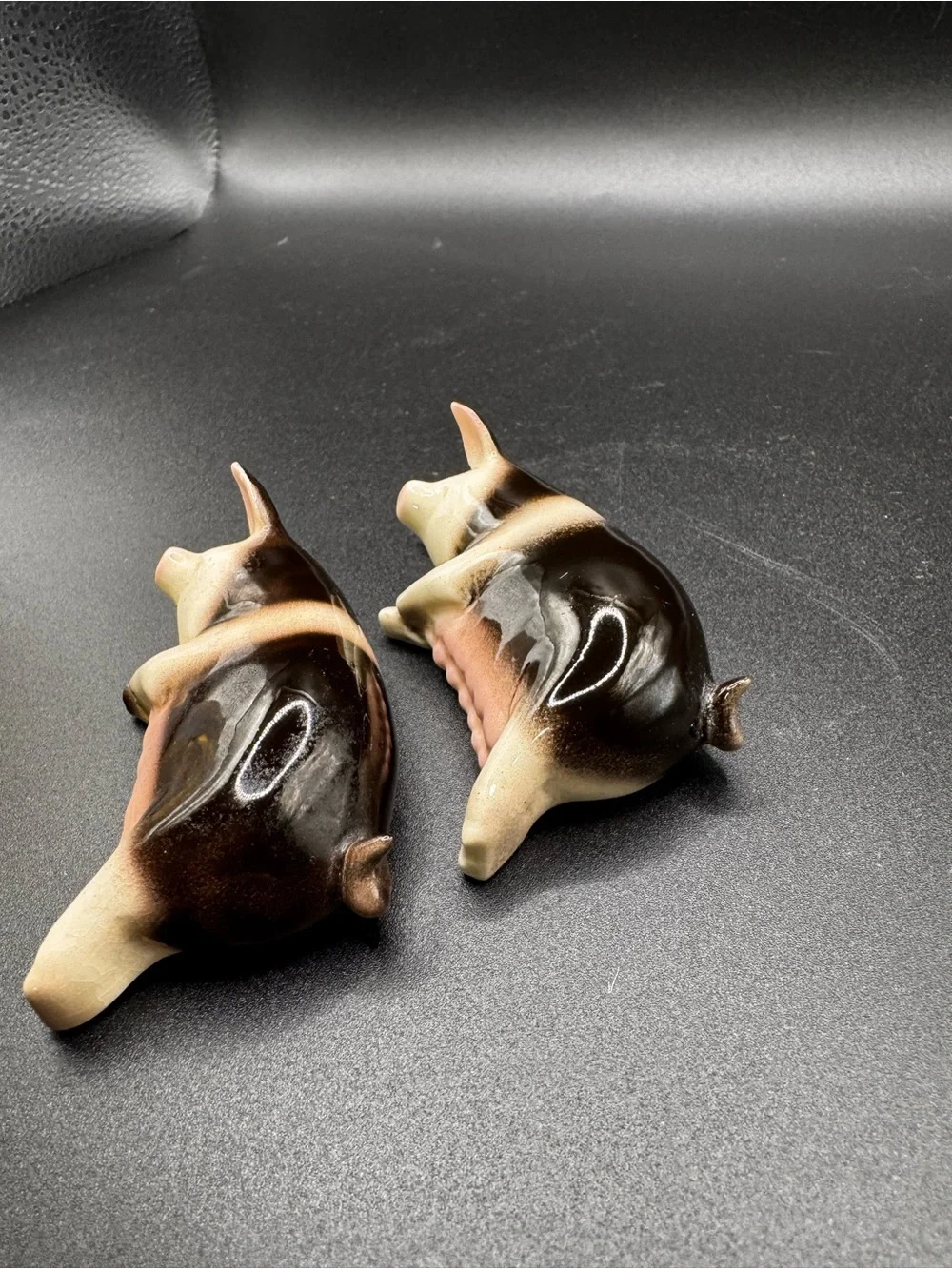 Ceramic Sleeping Pig Figurine Pair - Pink and Brown Decorative Set